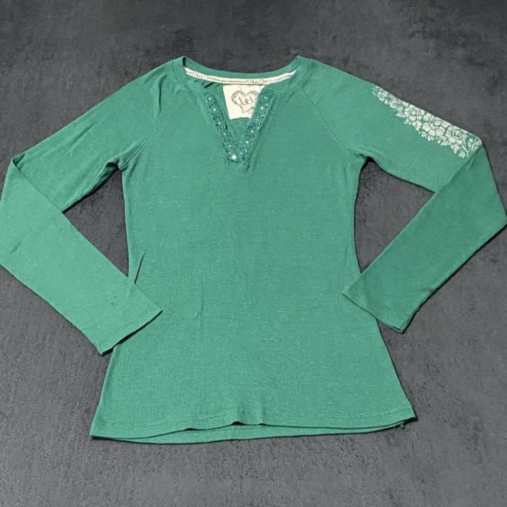 Y2K Lei Top Womens L Green Long Sleeve Ribbed Knit V-neck Sequin Trim Shirt